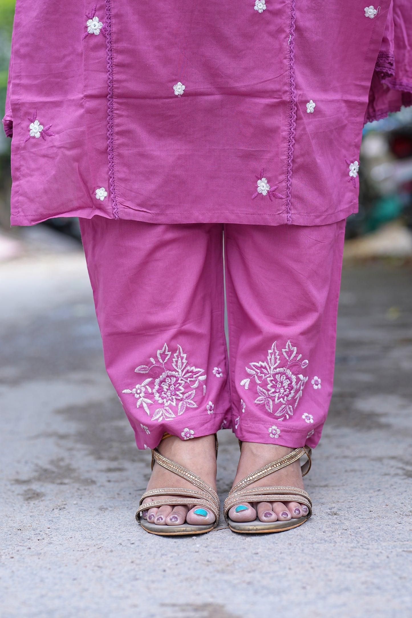 Pink Color Jaipuri Cotton 3 Piece Set With Thread Embroidery Work