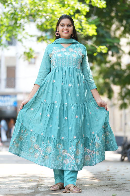 Pure Mul Mul Cotton 3 Piece Anarkali Set With Complete Lining