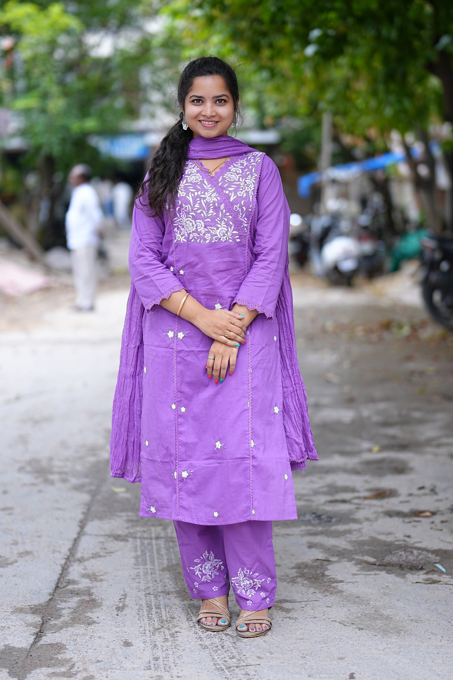 Purple Color Jaipuri Cotton 3 Piece Set With Thread Embroidery Work