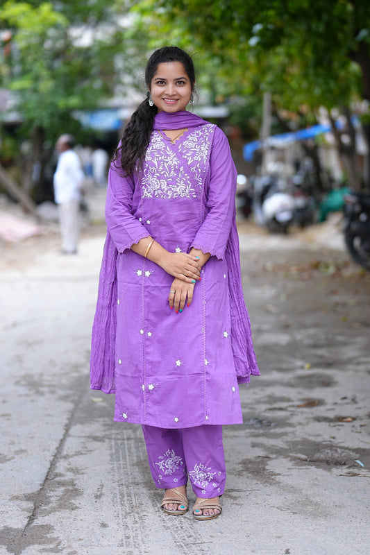 Purple Color Jaipuri Cotton 3 Piece Set With Thread Embroidery Work