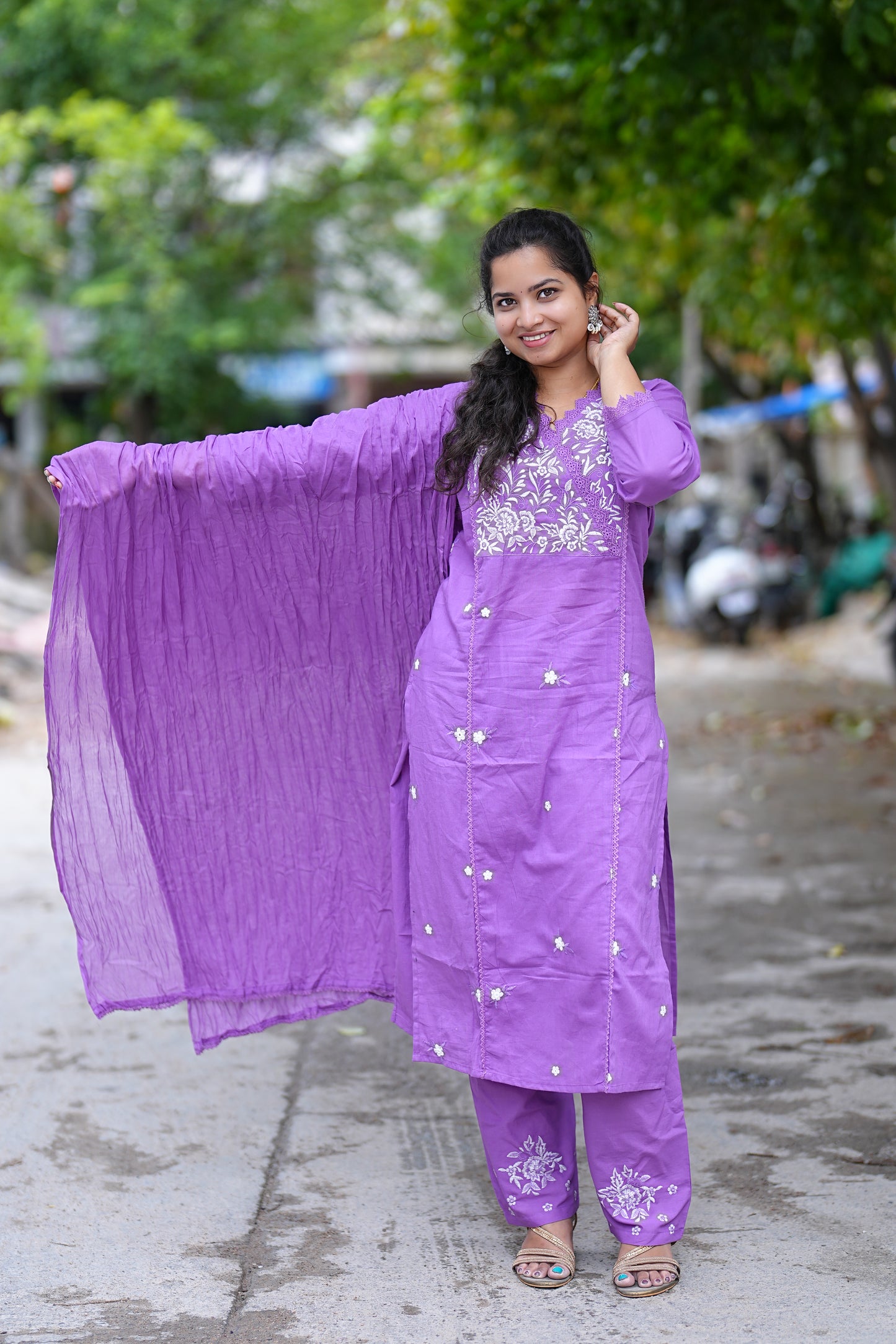 Purple Color Jaipuri Cotton 3 Piece Set With Thread Embroidery Work