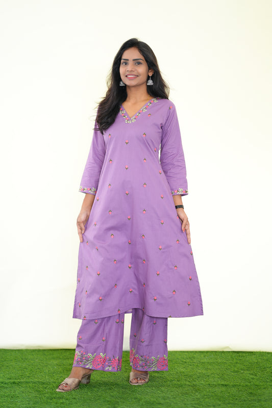 Purple Color Jaipuri Cotton Cord Set With Heavy Embroidery work