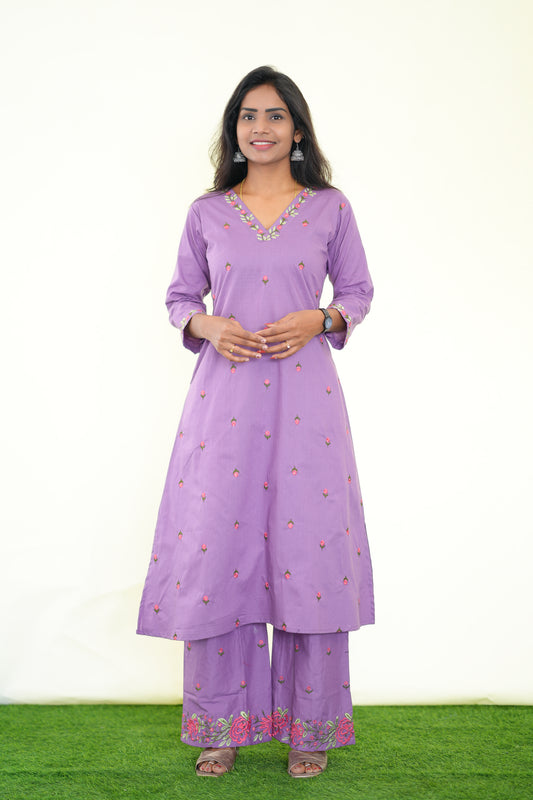 Purple Color Jaipuri Cotton Cord Set With Heavy Embroidery work