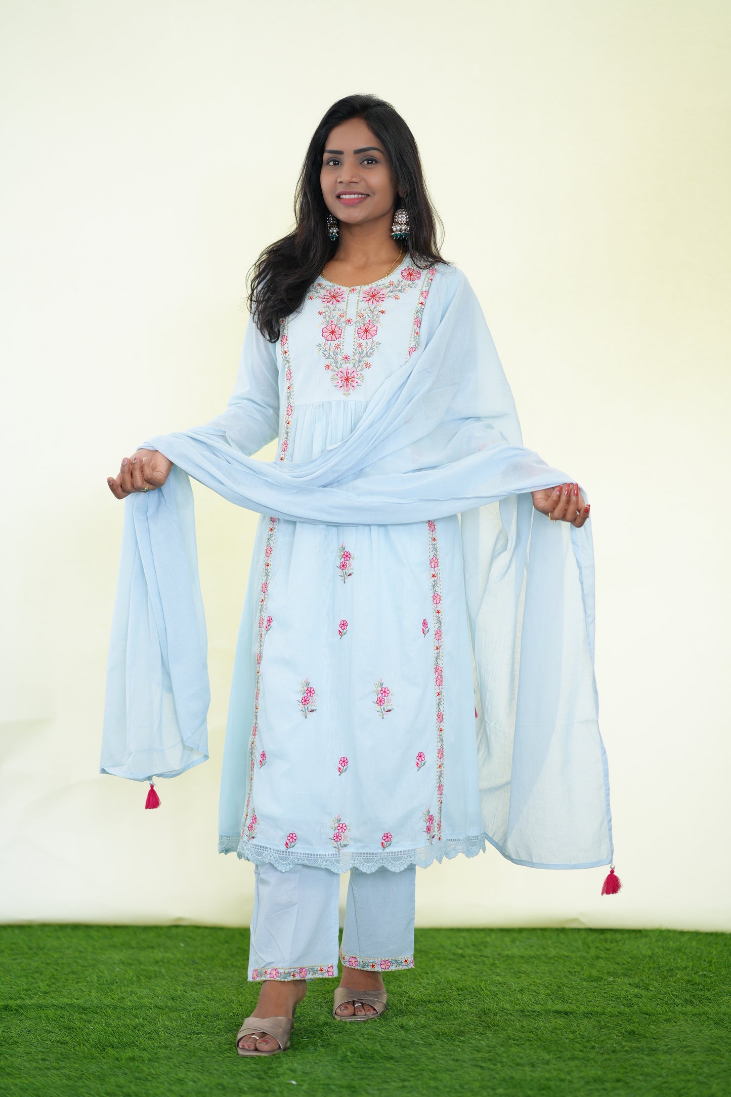 Ice Blue Color Mul Cotton 3 Piece Set With Complete Lining and Embroidery work