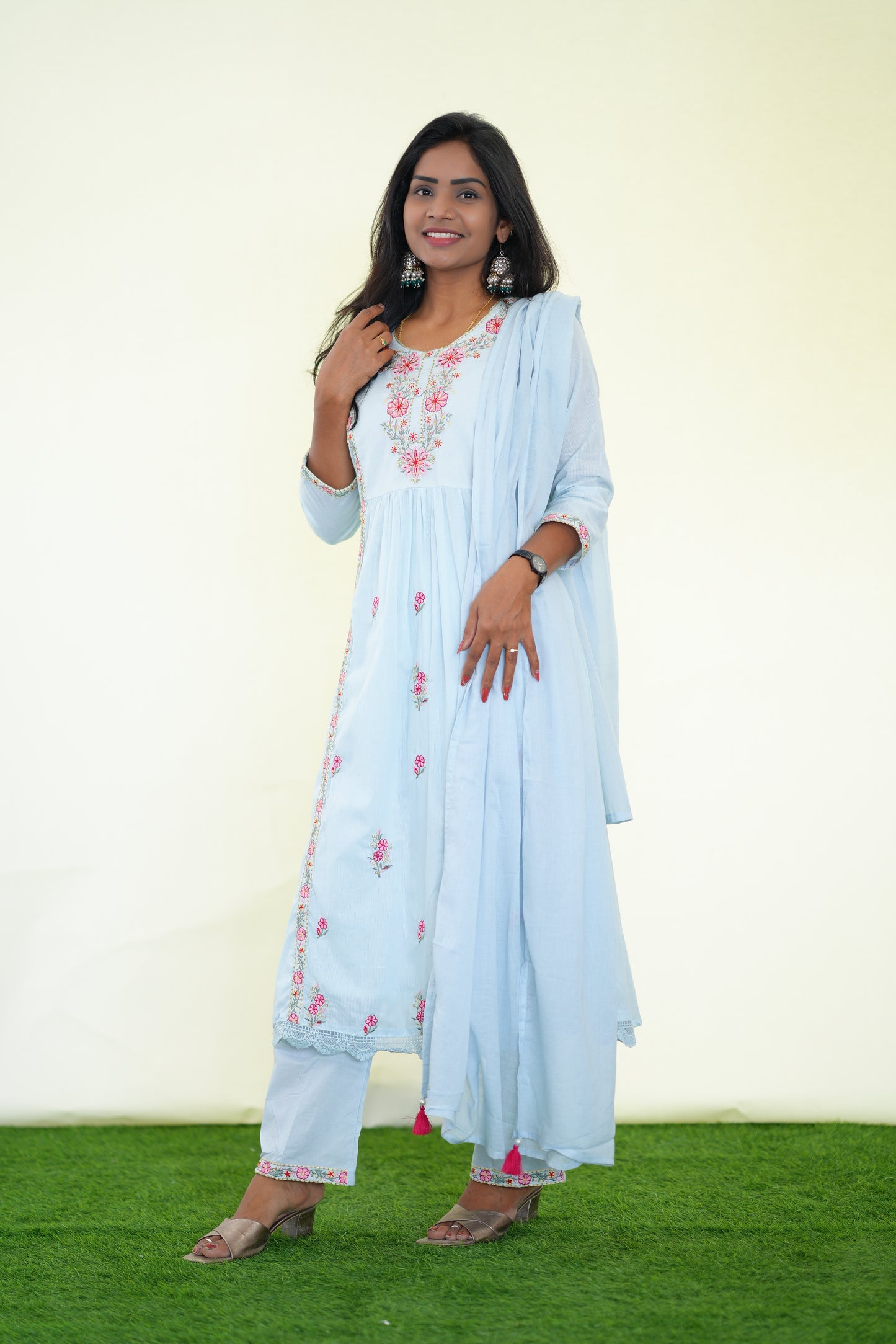 Ice Blue Color Mul Cotton 3 Piece Set With Complete Lining and Embroidery work