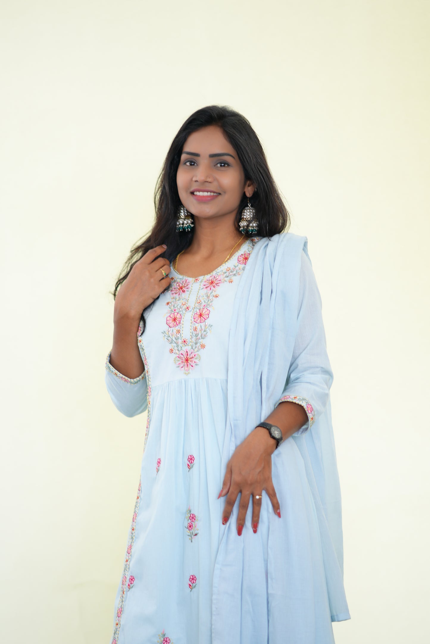 Ice Blue Color Mul Cotton 3 Piece Set With Complete Lining and Embroidery work