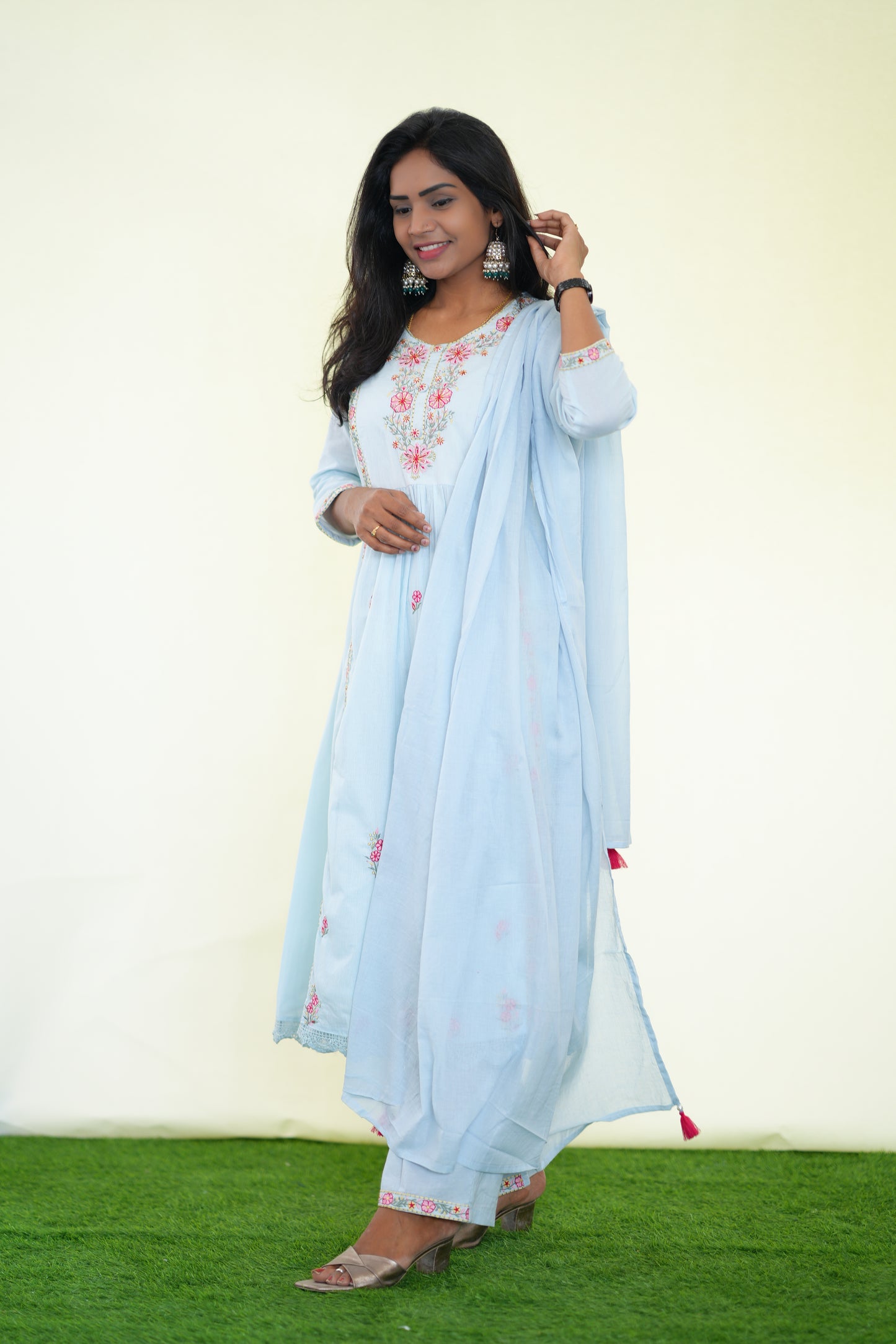 Ice Blue Color Mul Cotton 3 Piece Set With Complete Lining and Embroidery work