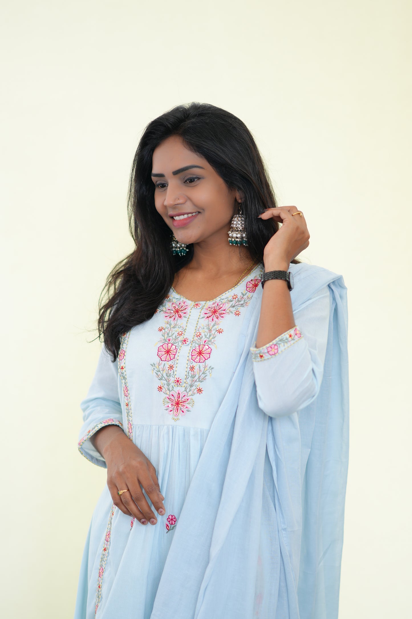 Ice Blue Color Mul Cotton 3 Piece Set With Complete Lining and Embroidery work