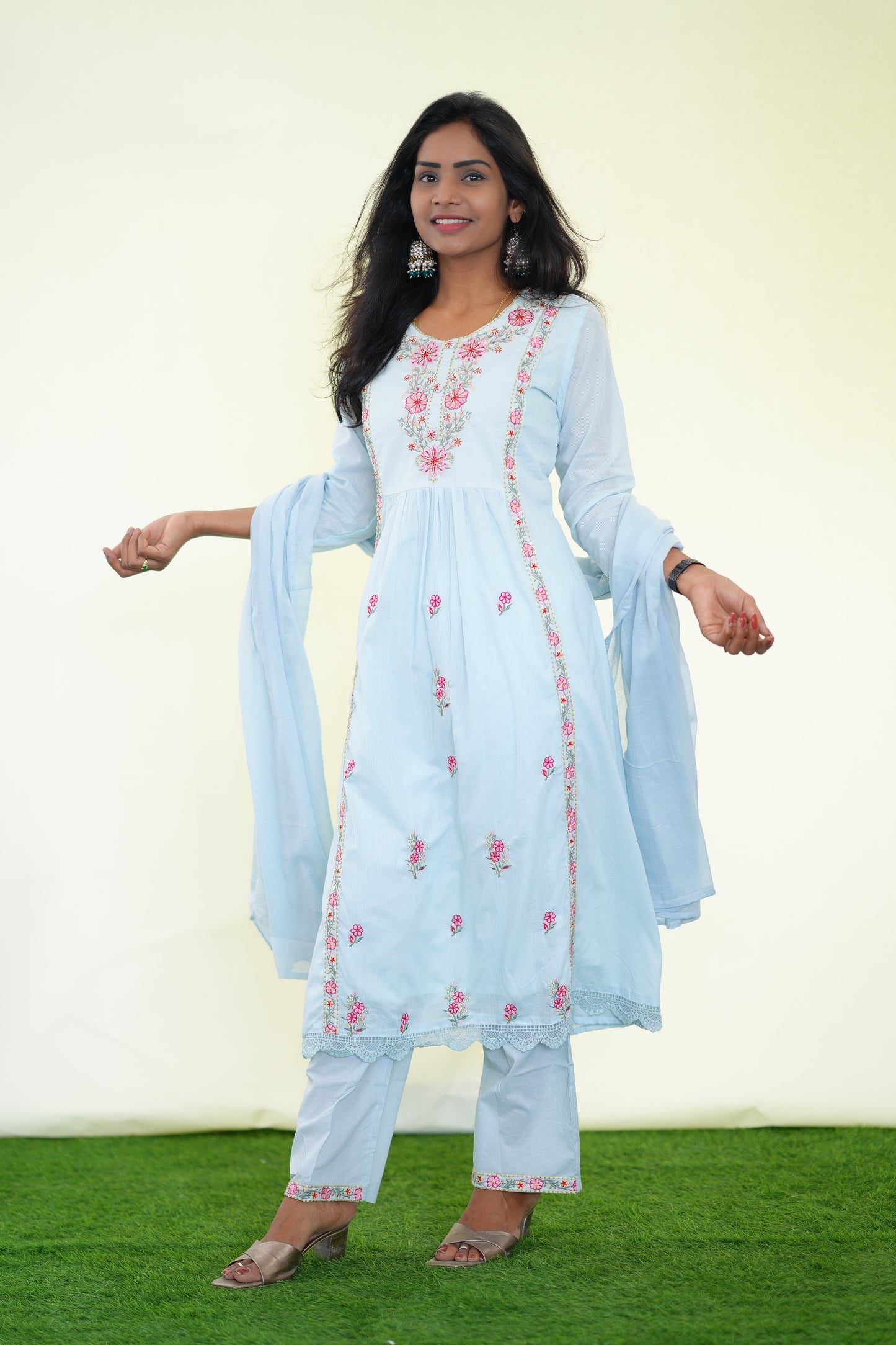 Ice Blue Color Mul Cotton 3 Piece Set With Complete Lining and Embroidery work