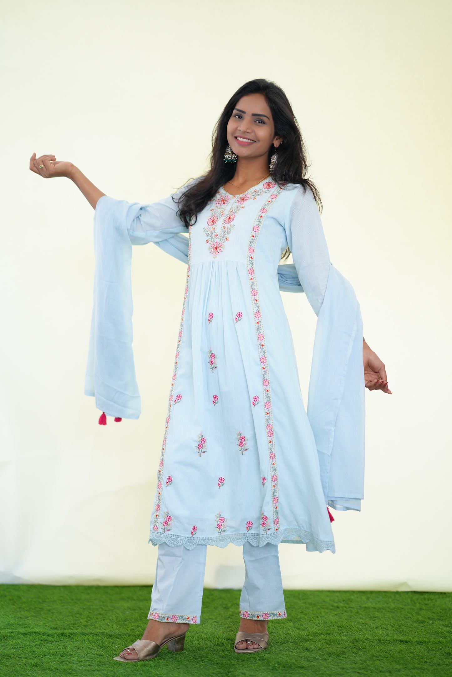 Ice Blue Color Mul Cotton 3 Piece Set With Complete Lining and Embroidery work