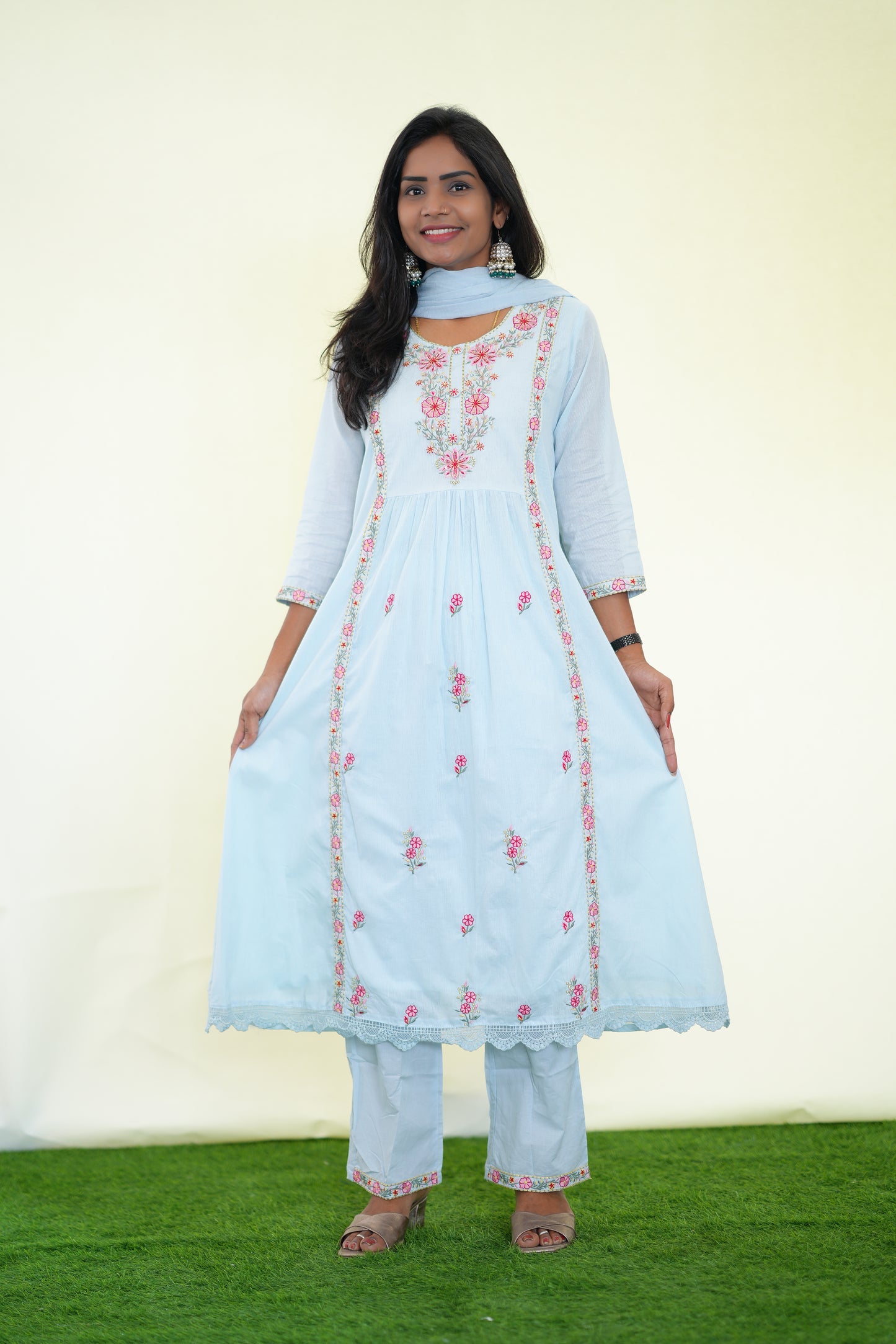 Ice Blue Color Mul Cotton 3 Piece Set With Complete Lining and Embroidery work