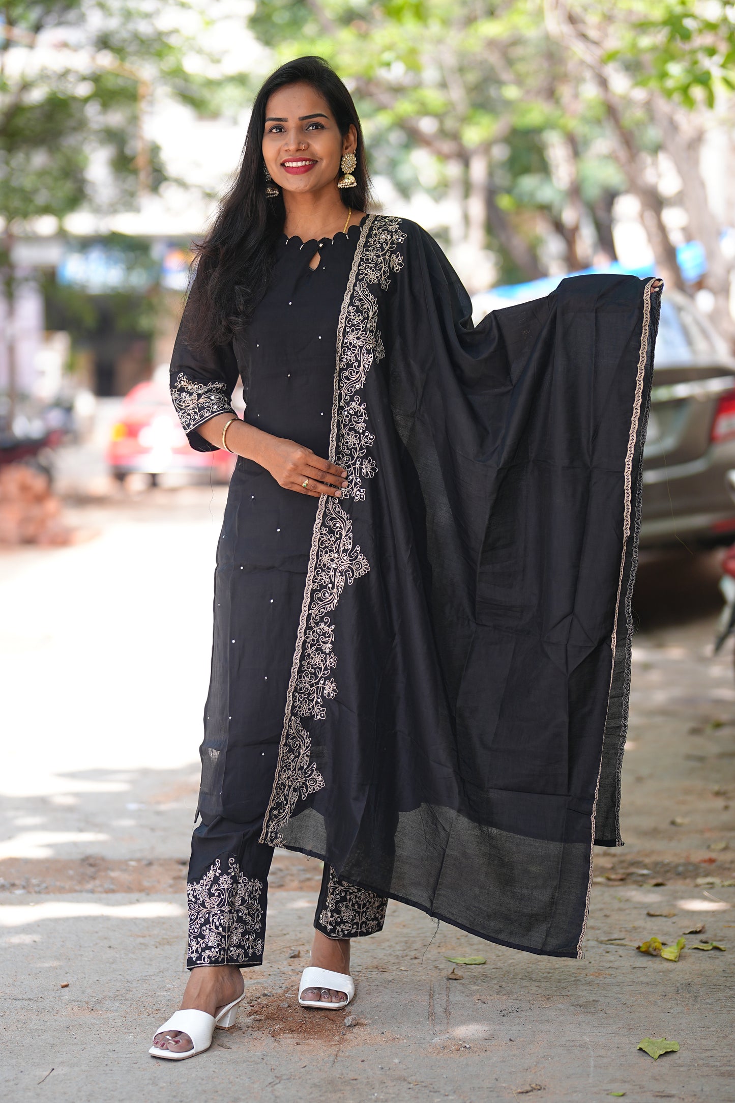 Black Color Mul Chandheri Designer Wear 3 Piece Set