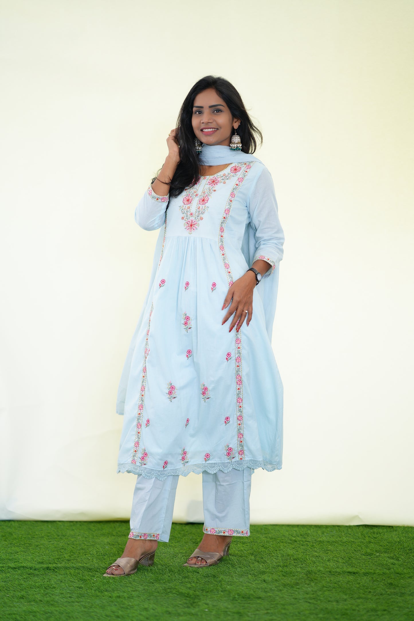 Ice Blue Color Mul Cotton 3 Piece Set With Complete Lining and Embroidery work