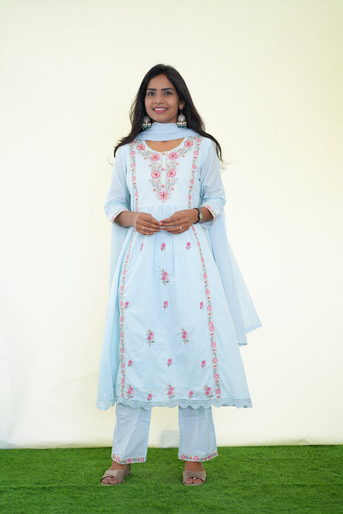 Ice Blue Color Mul Cotton 3 Piece Set With Complete Lining and Embroidery work