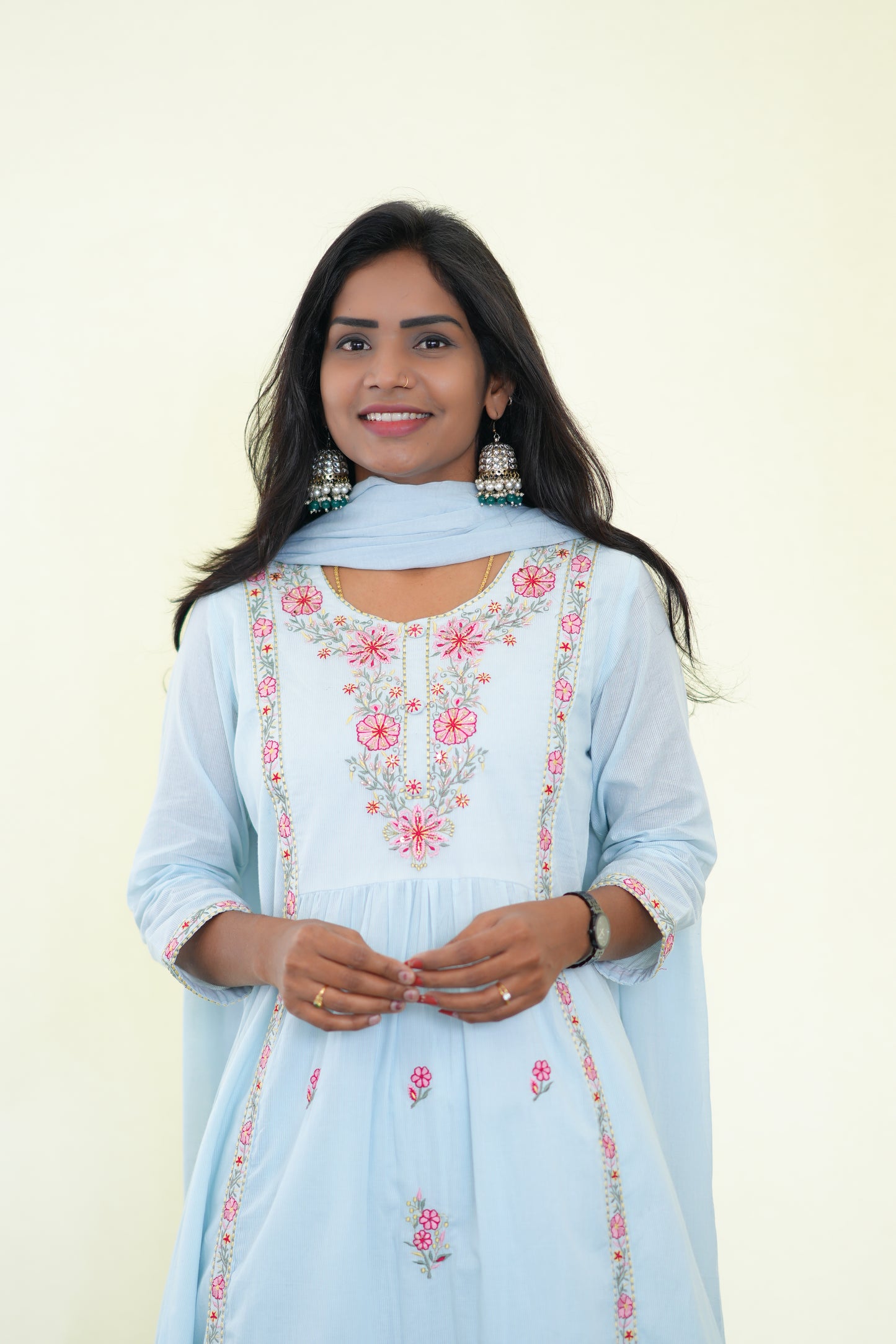 Ice Blue Color Mul Cotton 3 Piece Set With Complete Lining and Embroidery work