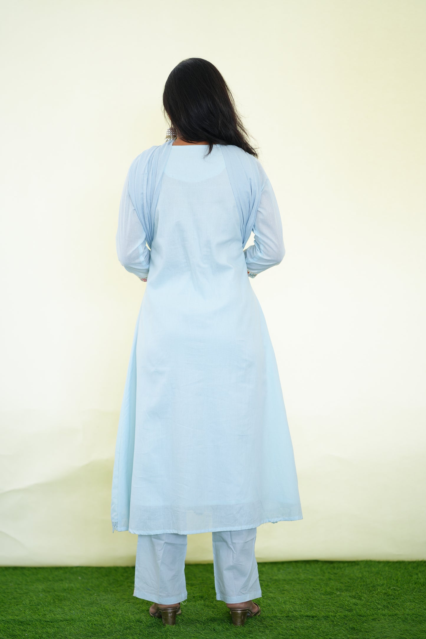 Ice Blue Color Mul Cotton 3 Piece Set With Complete Lining and Embroidery work