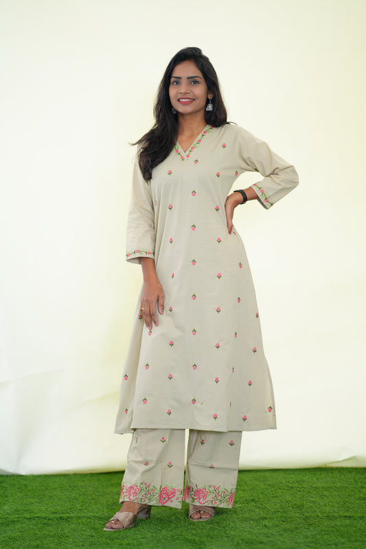 Beige Color Jaipuri Cotton Cord Set With Heavy Embroidery work