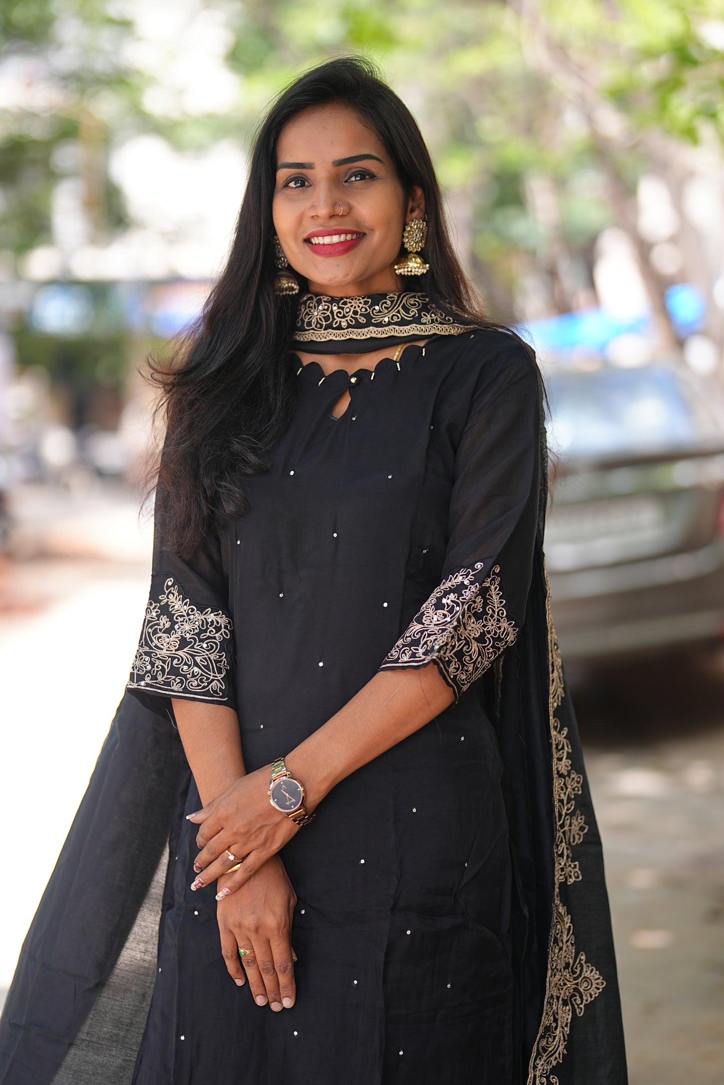 Black Color Mul Chandheri Designer Wear 3 Piece Set