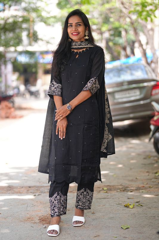 Black Color Mul Chandheri Designer Wear 3 Piece Set