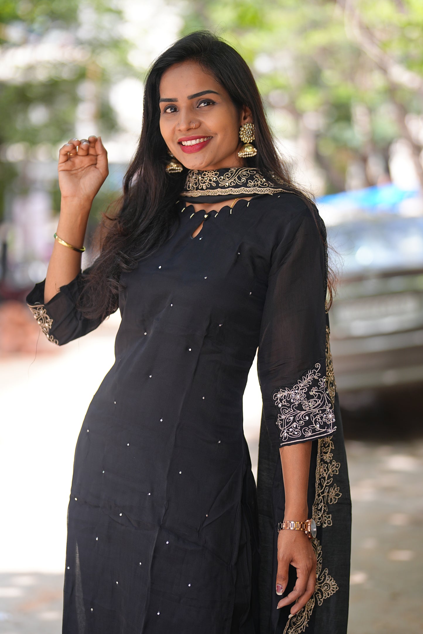 Black Color Mul Chandheri Designer Wear 3 Piece Set