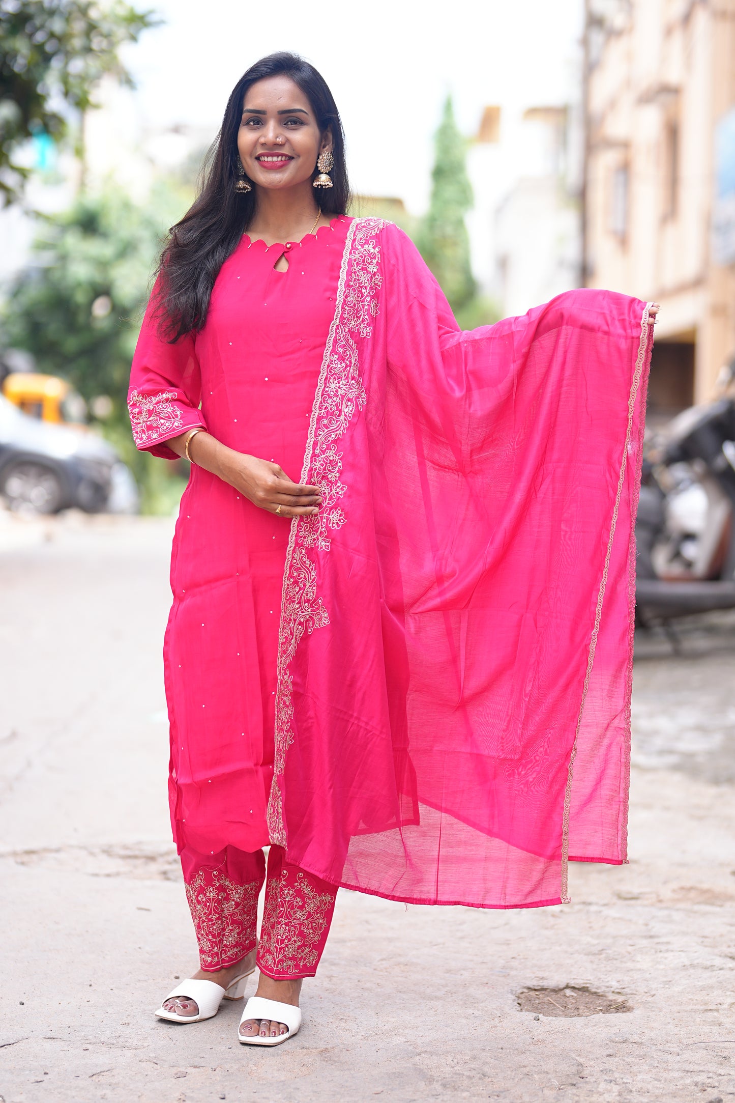 Rani Pink  Mul Chandheri Designer Wear 3 Piece Set