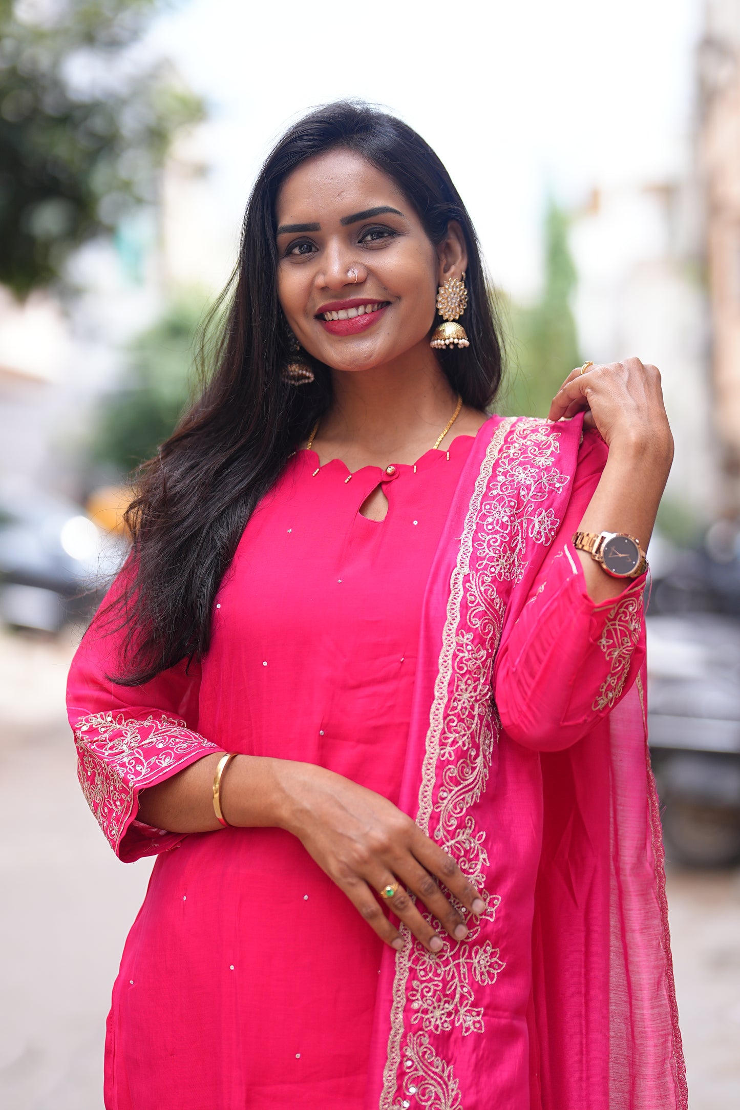 Rani Pink  Mul Chandheri Designer Wear 3 Piece Set