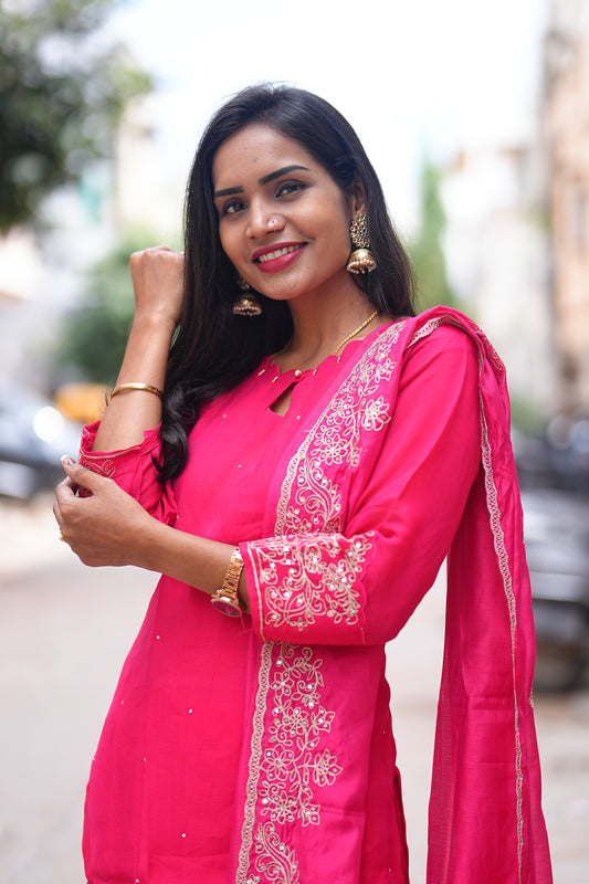 Rani Pink  Mul Chandheri Designer Wear 3 Piece Set