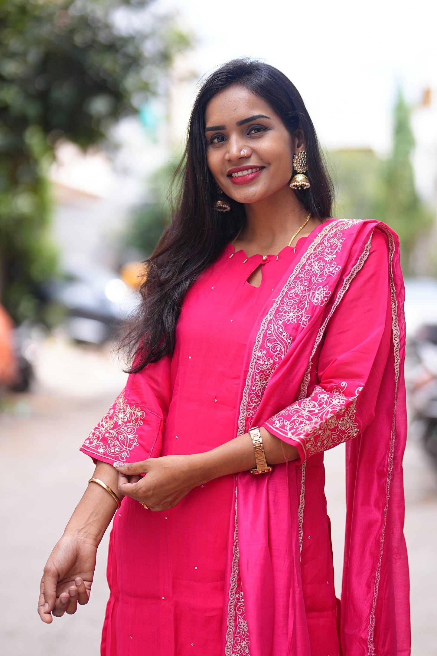 Rani Pink  Mul Chandheri Designer Wear 3 Piece Set