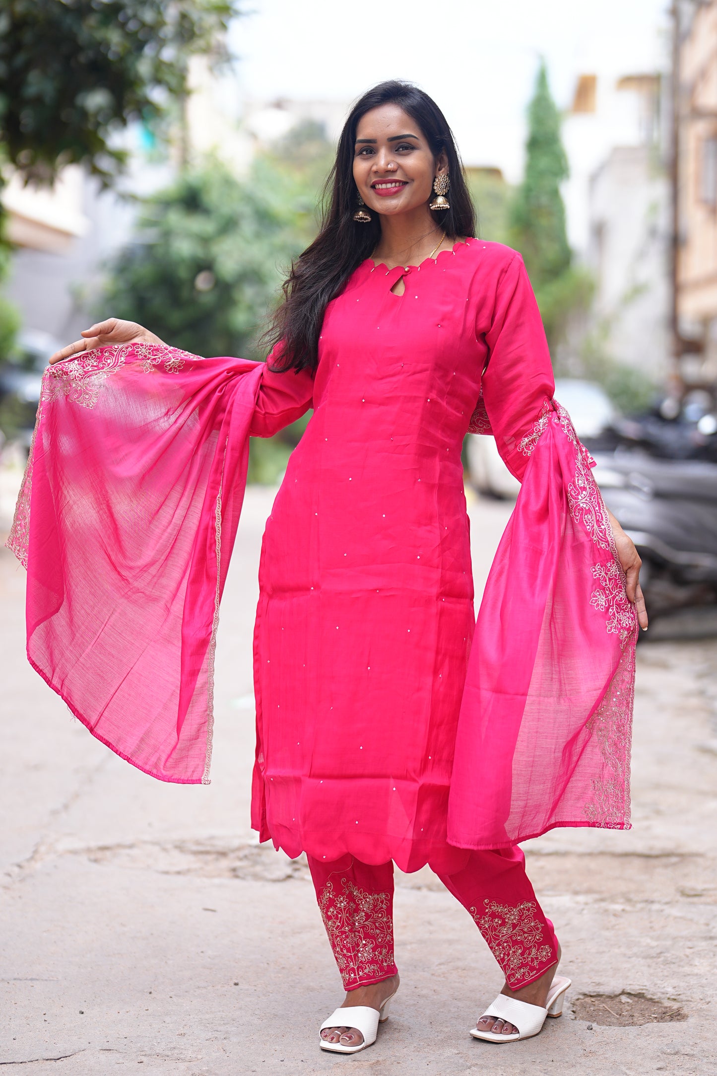 Rani Pink  Mul Chandheri Designer Wear 3 Piece Set