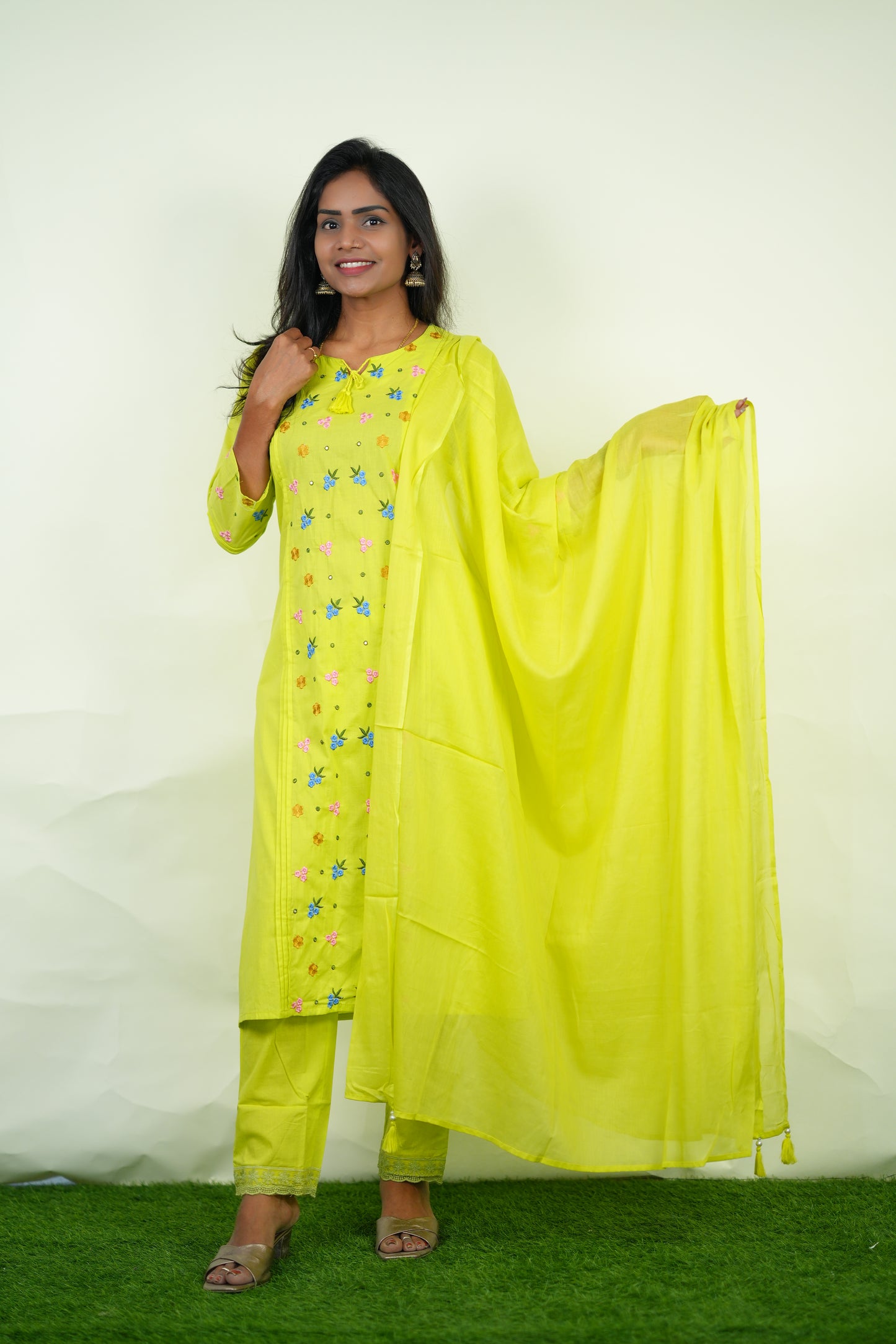 Lime Green Color Jaipur Cotton 3 Piece Set with Heavy Embroidery work