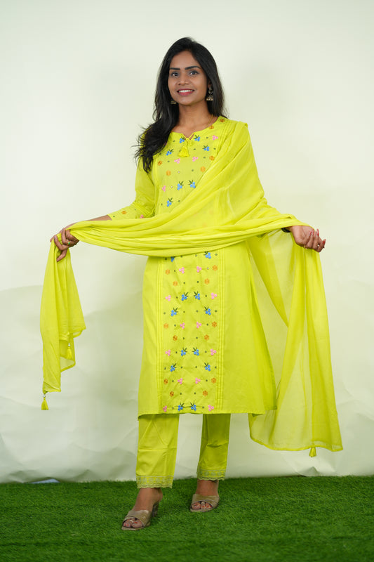 Lime Green Color Jaipur Cotton 3 Piece Set with Heavy Embroidery work