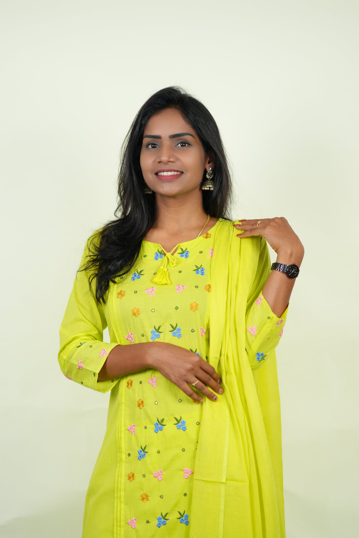 Lime Green Color Jaipur Cotton 3 Piece Set with Heavy Embroidery work