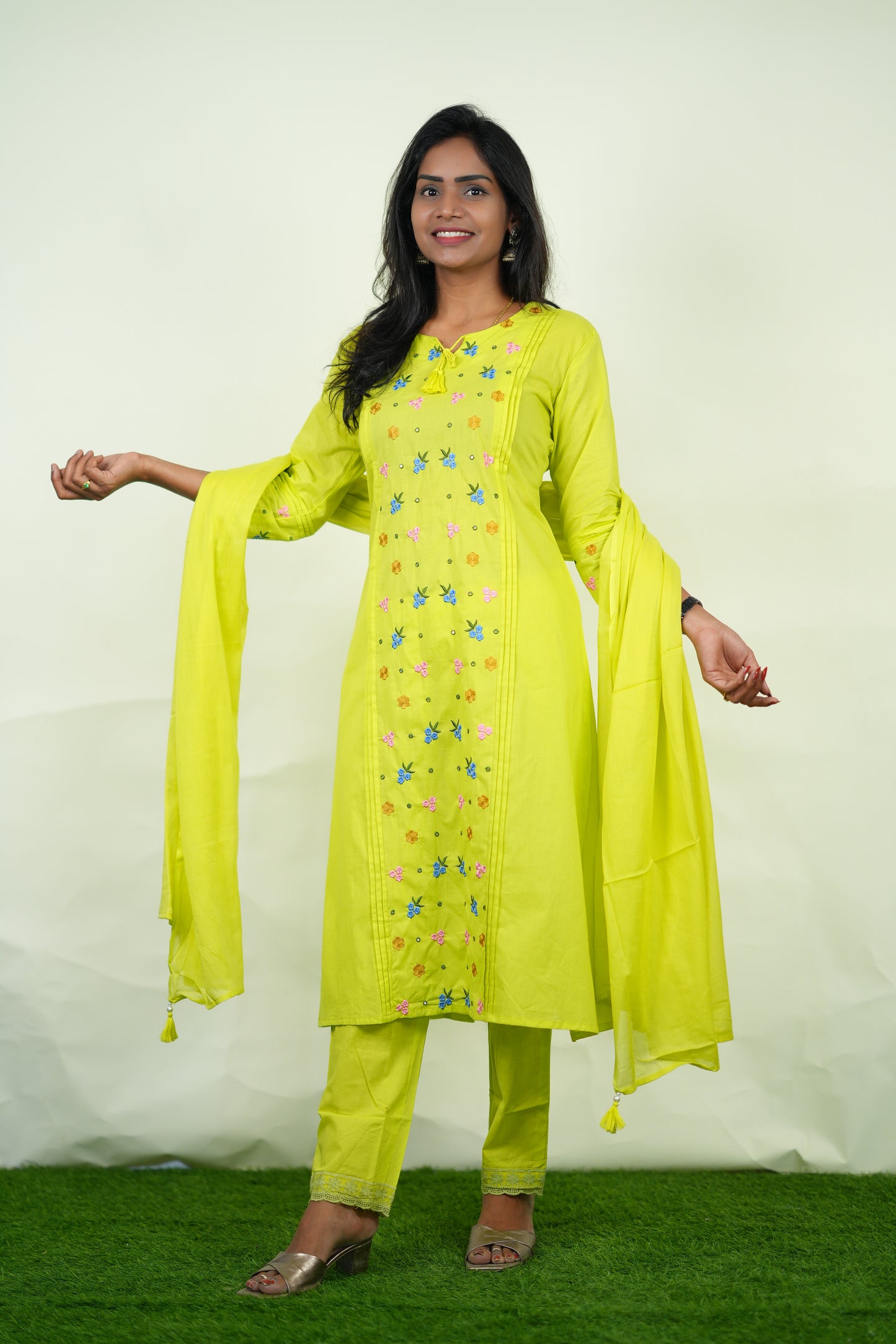 Lime Green Color Jaipur Cotton 3 Piece Set with Heavy Embroidery work