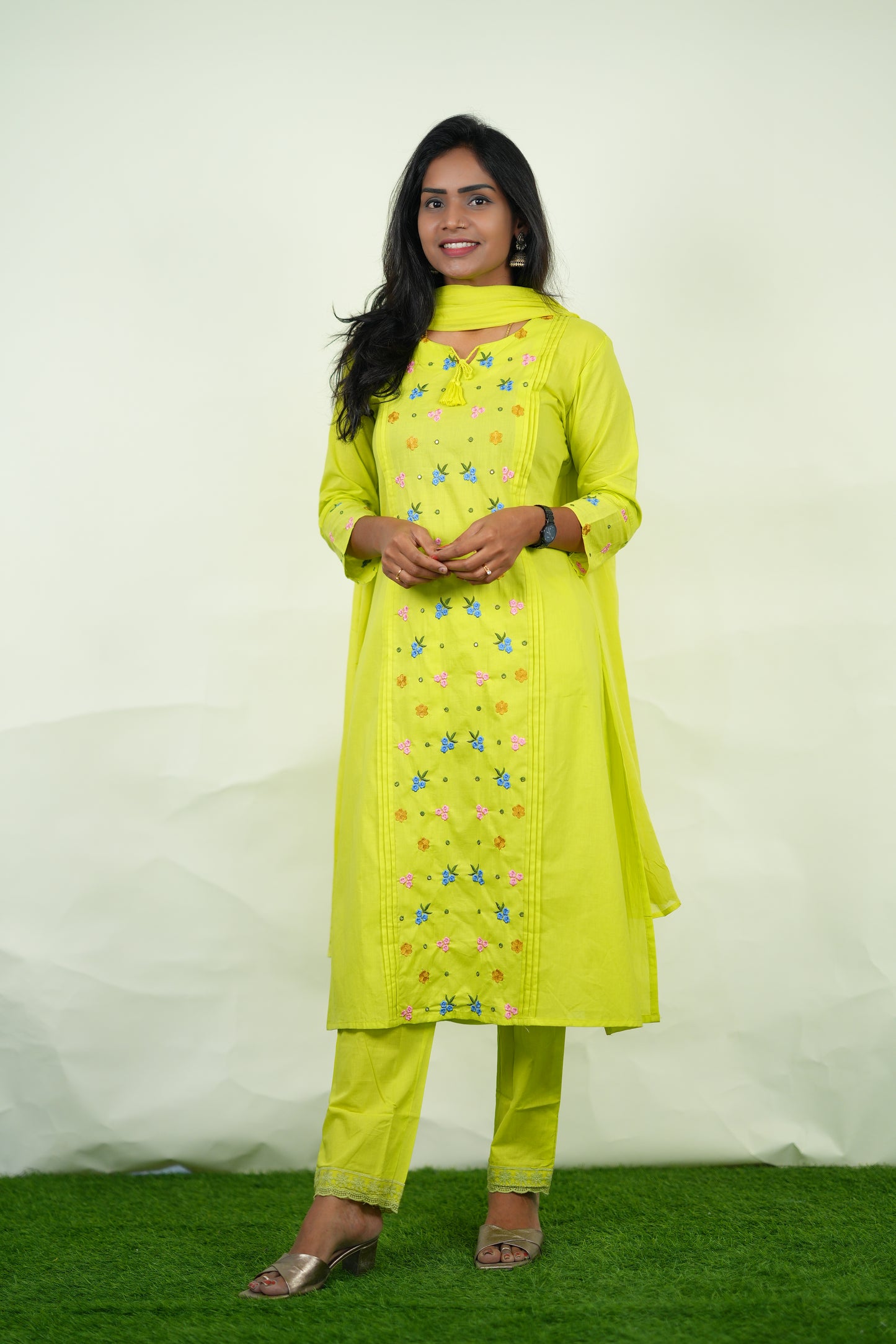 Lime Green Color Jaipur Cotton 3 Piece Set with Heavy Embroidery work