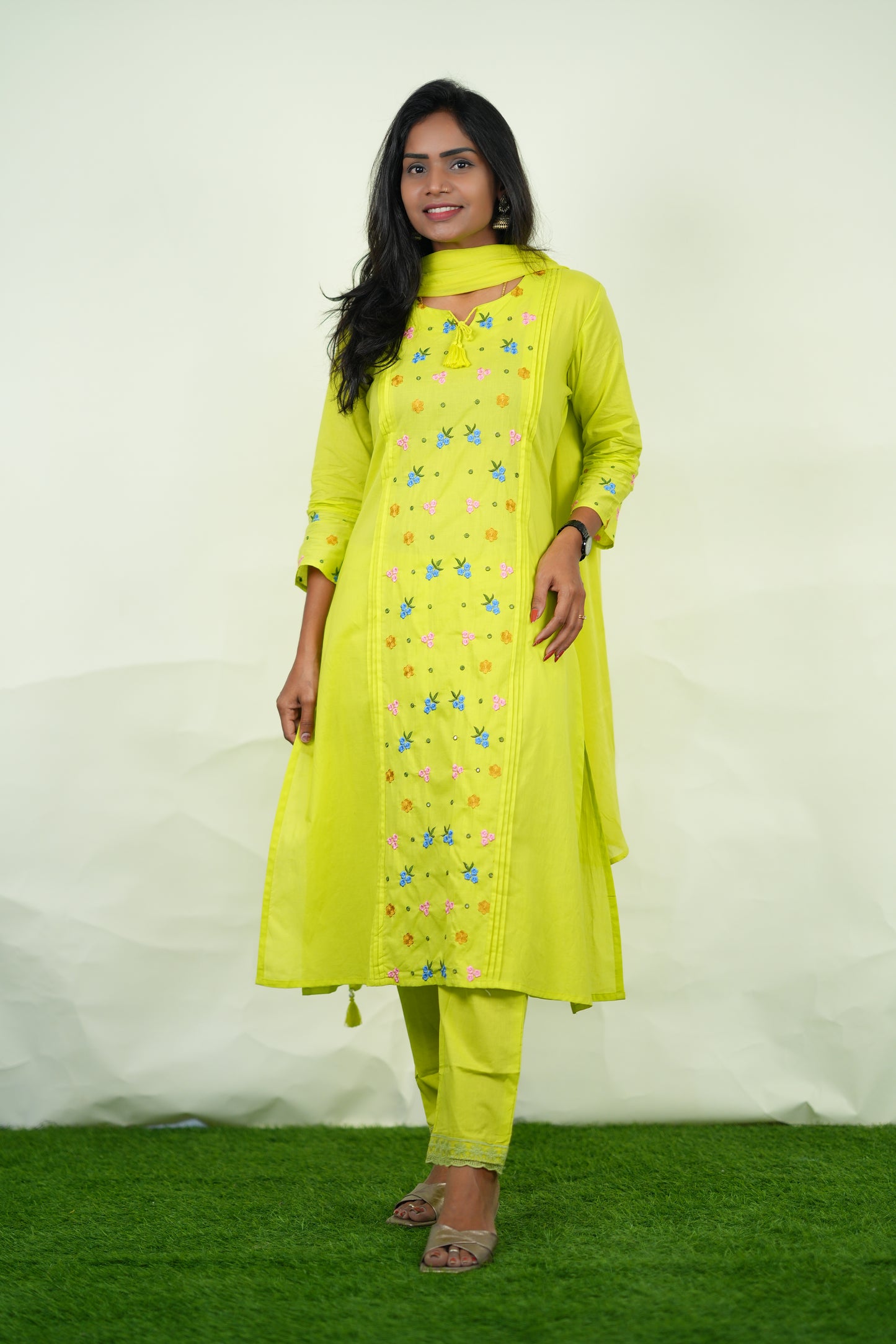 Lime Green Color Jaipur Cotton 3 Piece Set with Heavy Embroidery work