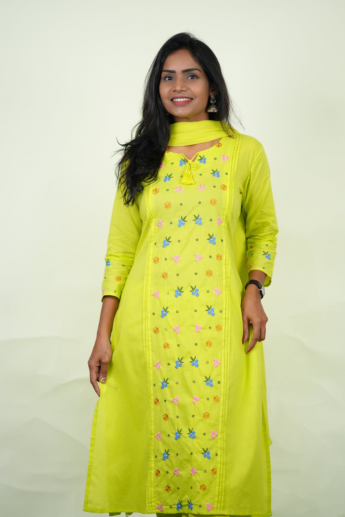 Lime Green Color Jaipur Cotton 3 Piece Set with Heavy Embroidery work