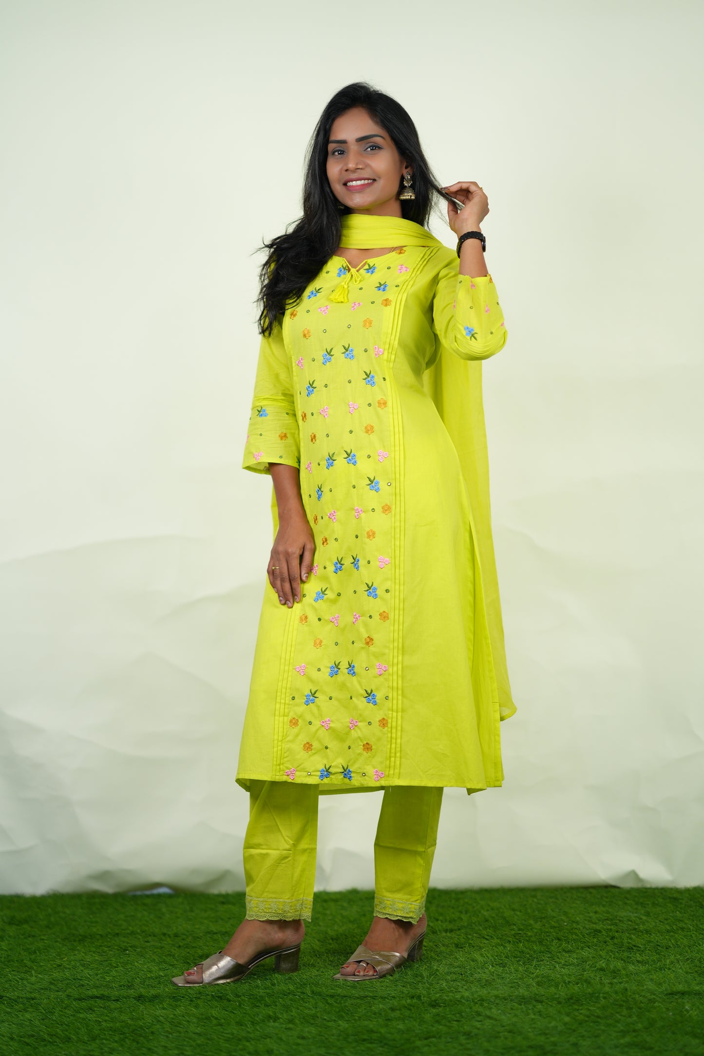 Lime Green Color Jaipur Cotton 3 Piece Set with Heavy Embroidery work