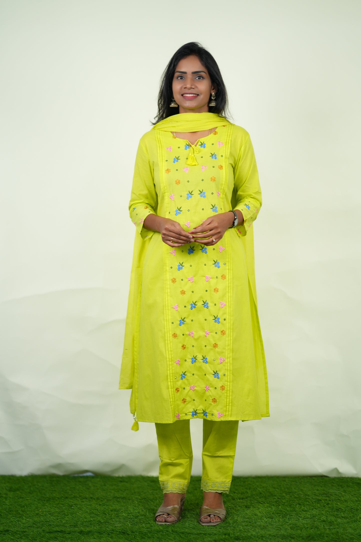Lime Green Color Jaipur Cotton 3 Piece Set with Heavy Embroidery work