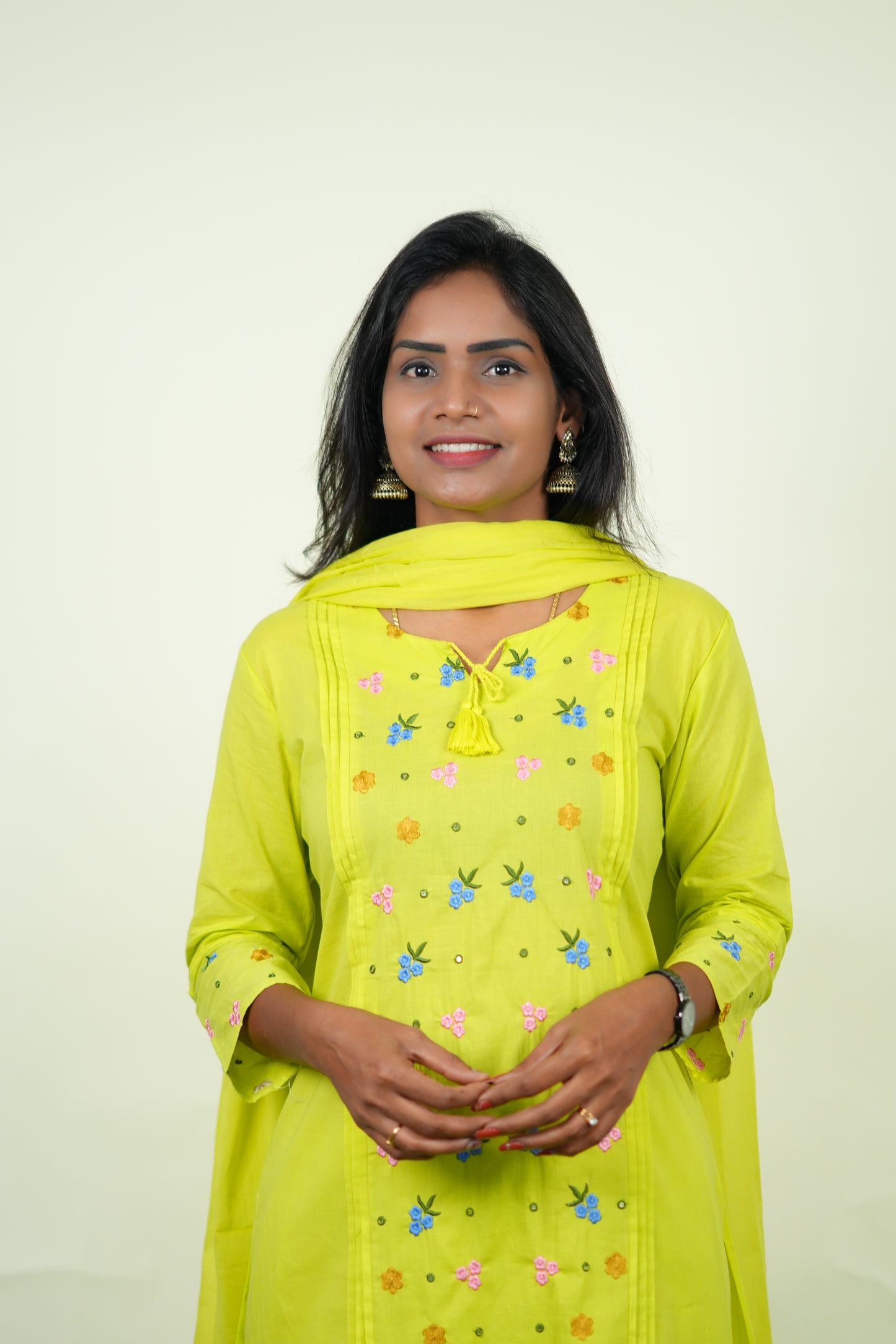 Lime Green Color Jaipur Cotton 3 Piece Set with Heavy Embroidery work