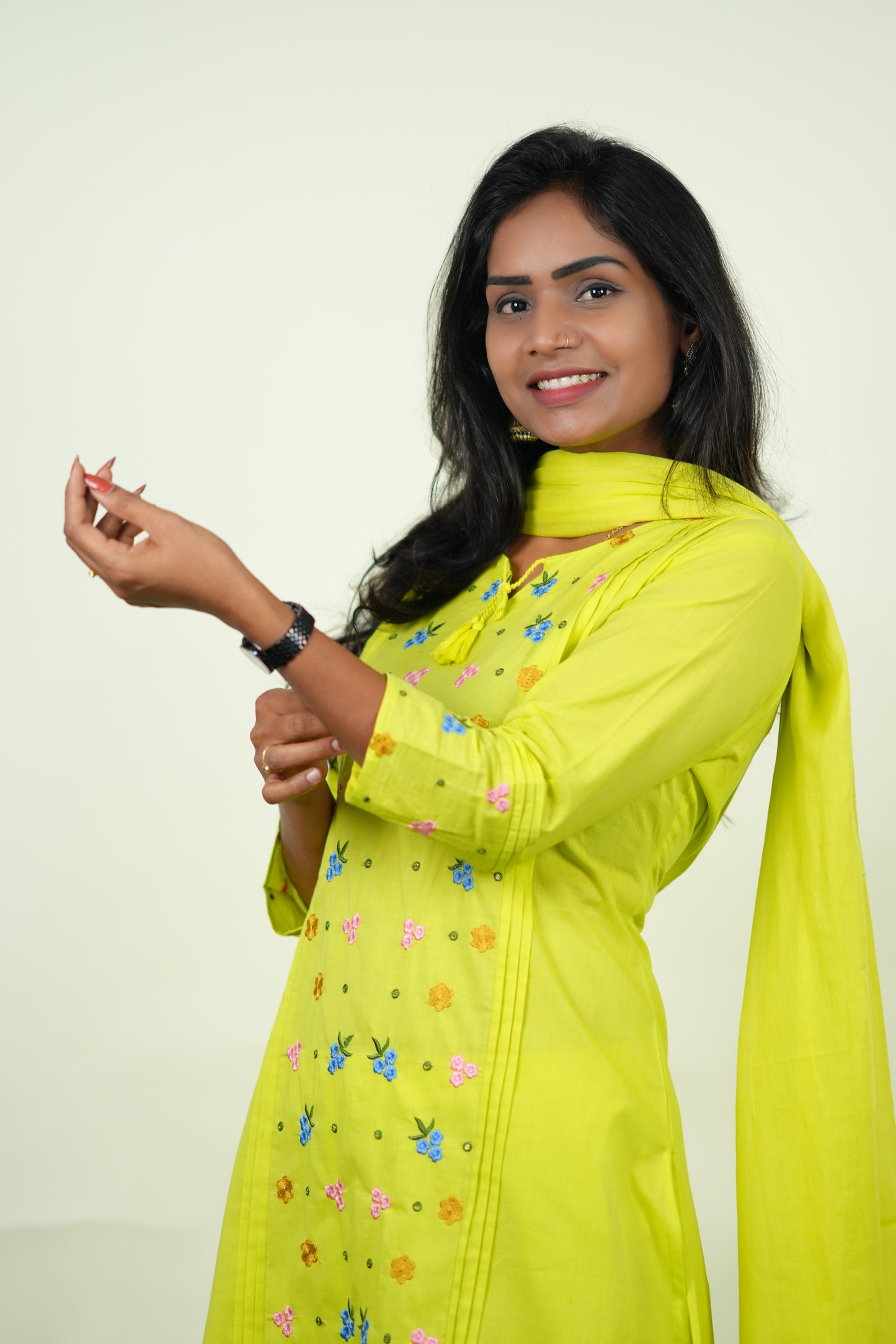 Lime Green Color Jaipur Cotton 3 Piece Set with Heavy Embroidery work