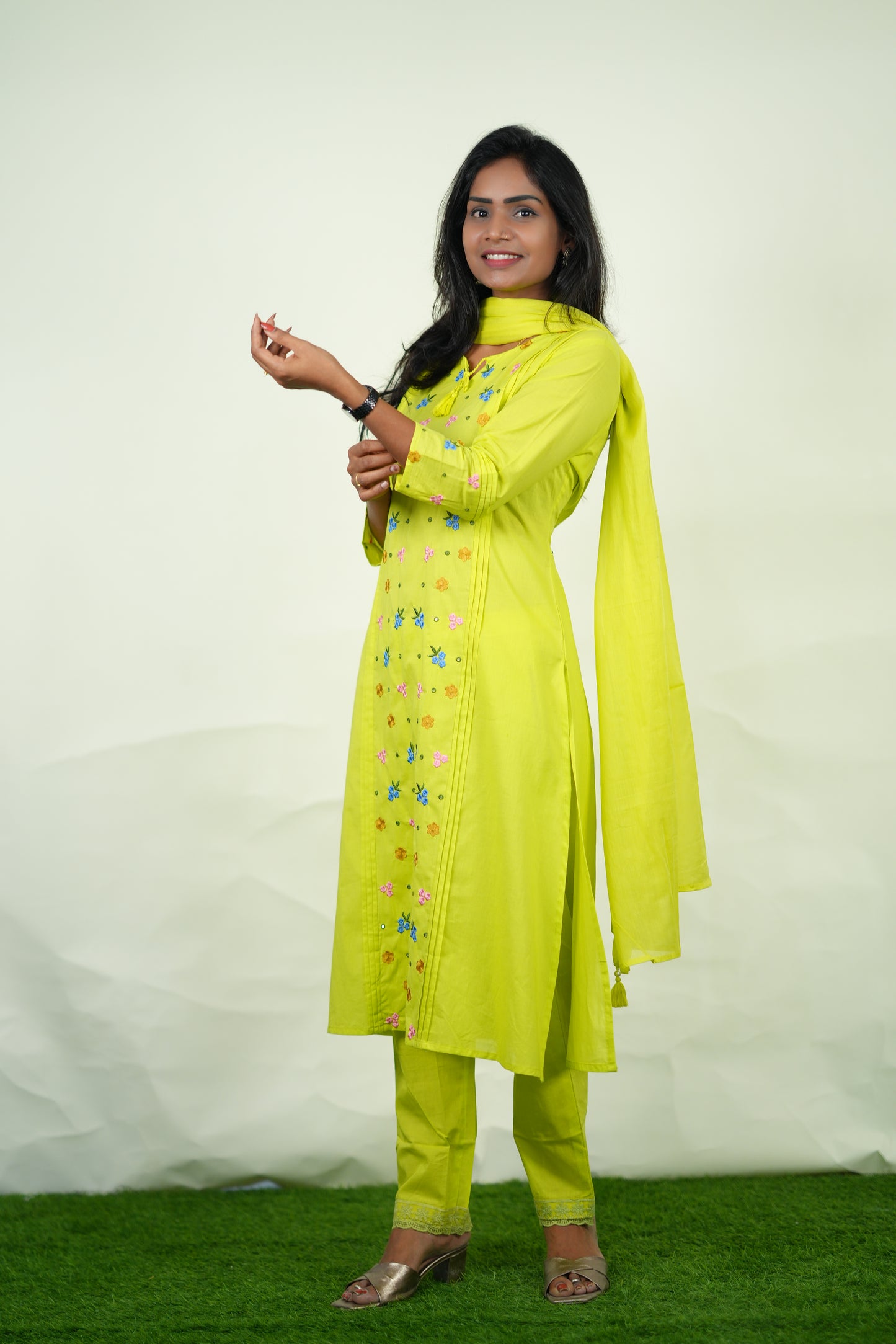 Lime Green Color Jaipur Cotton 3 Piece Set with Heavy Embroidery work