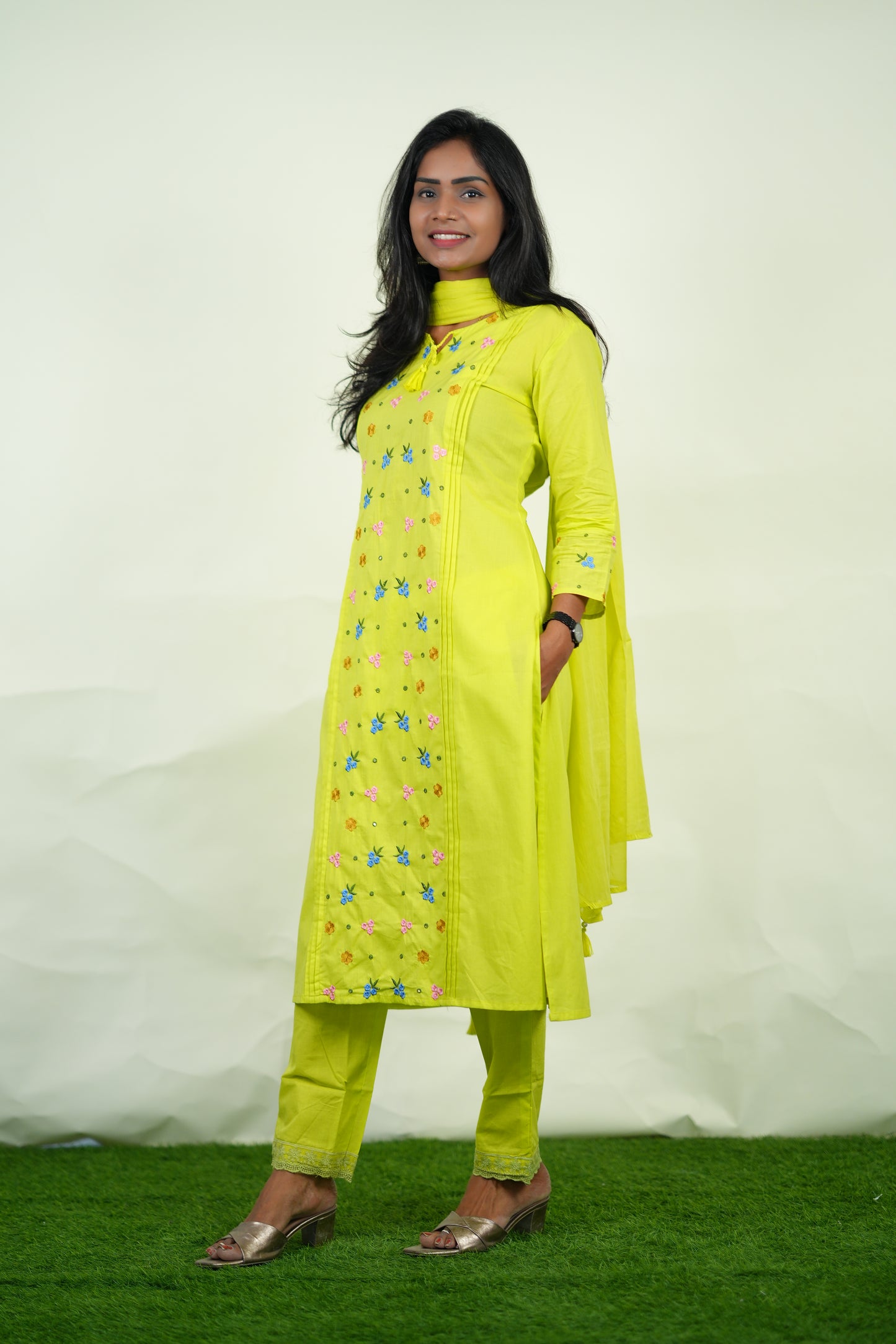 Lime Green Color Jaipur Cotton 3 Piece Set with Heavy Embroidery work