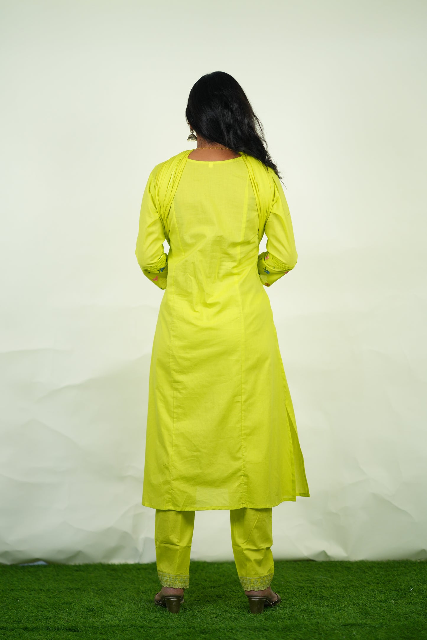 Lime Green Color Jaipur Cotton 3 Piece Set with Heavy Embroidery work