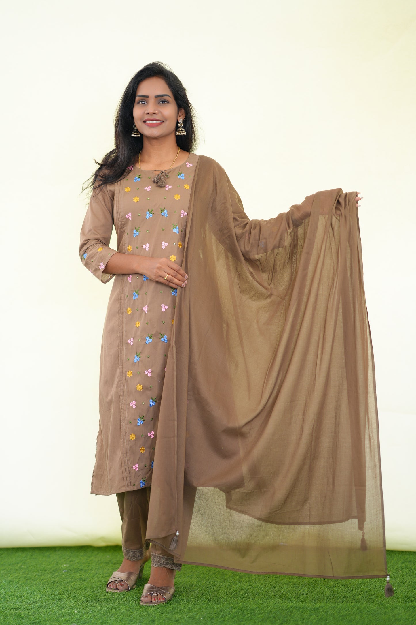Light Brown Color Jaipur Cotton 3 Piece Set with Heavy Embroidery work