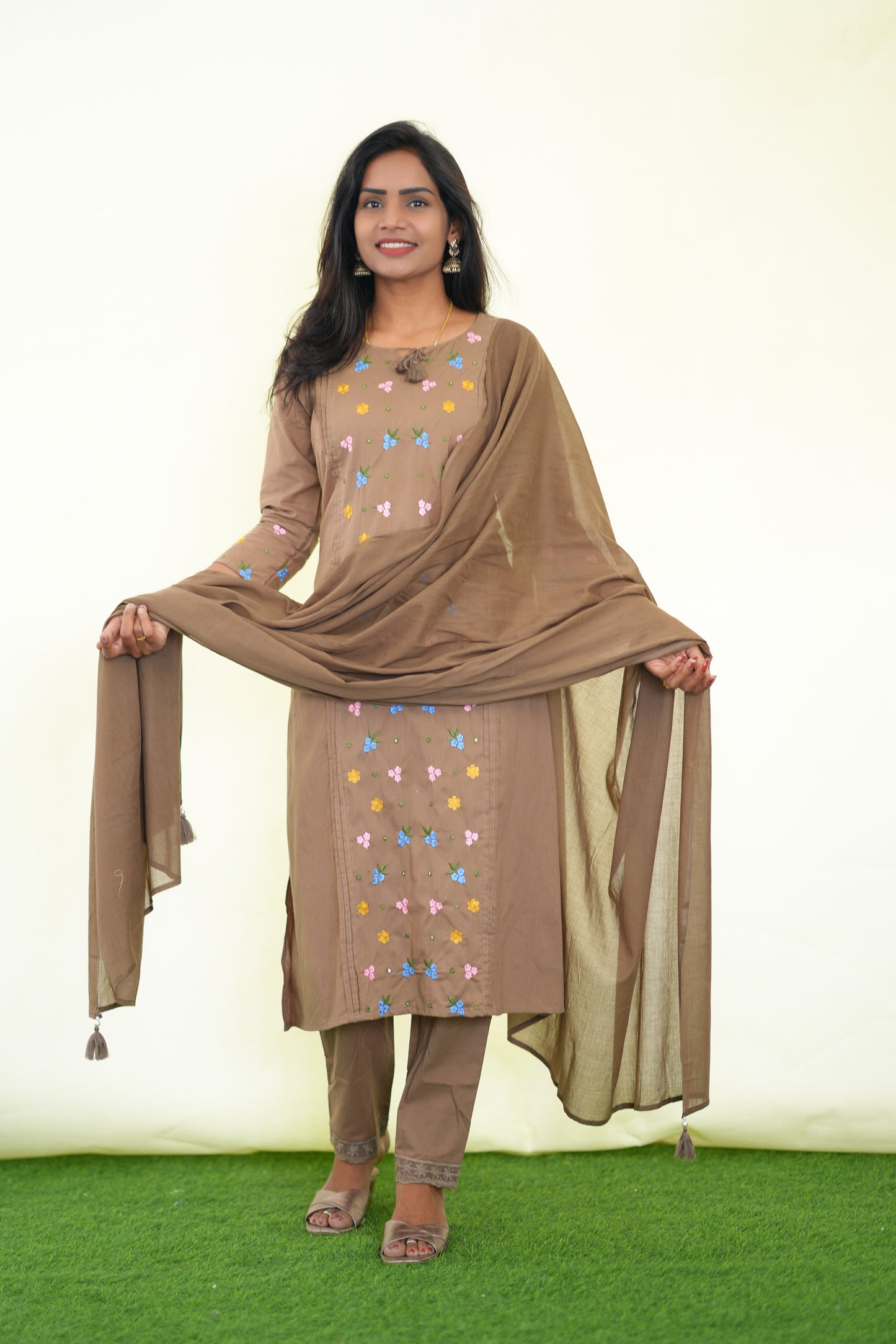 Light Brown Color Jaipur Cotton 3 Piece Set with Heavy Embroidery work
