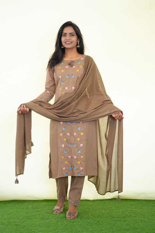 Light Brown Color Jaipur Cotton 3 Piece Set with Heavy Embroidery work