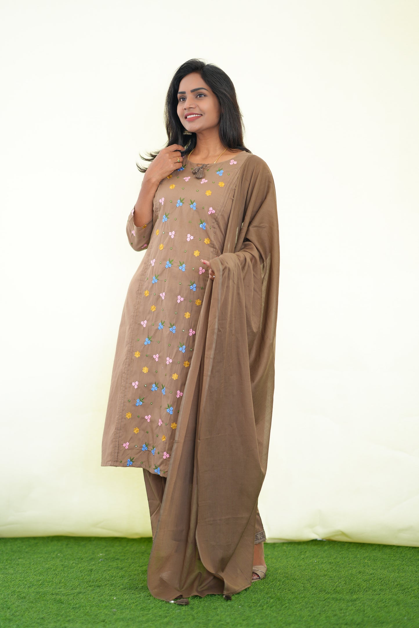 Light Brown Color Jaipur Cotton 3 Piece Set with Heavy Embroidery work