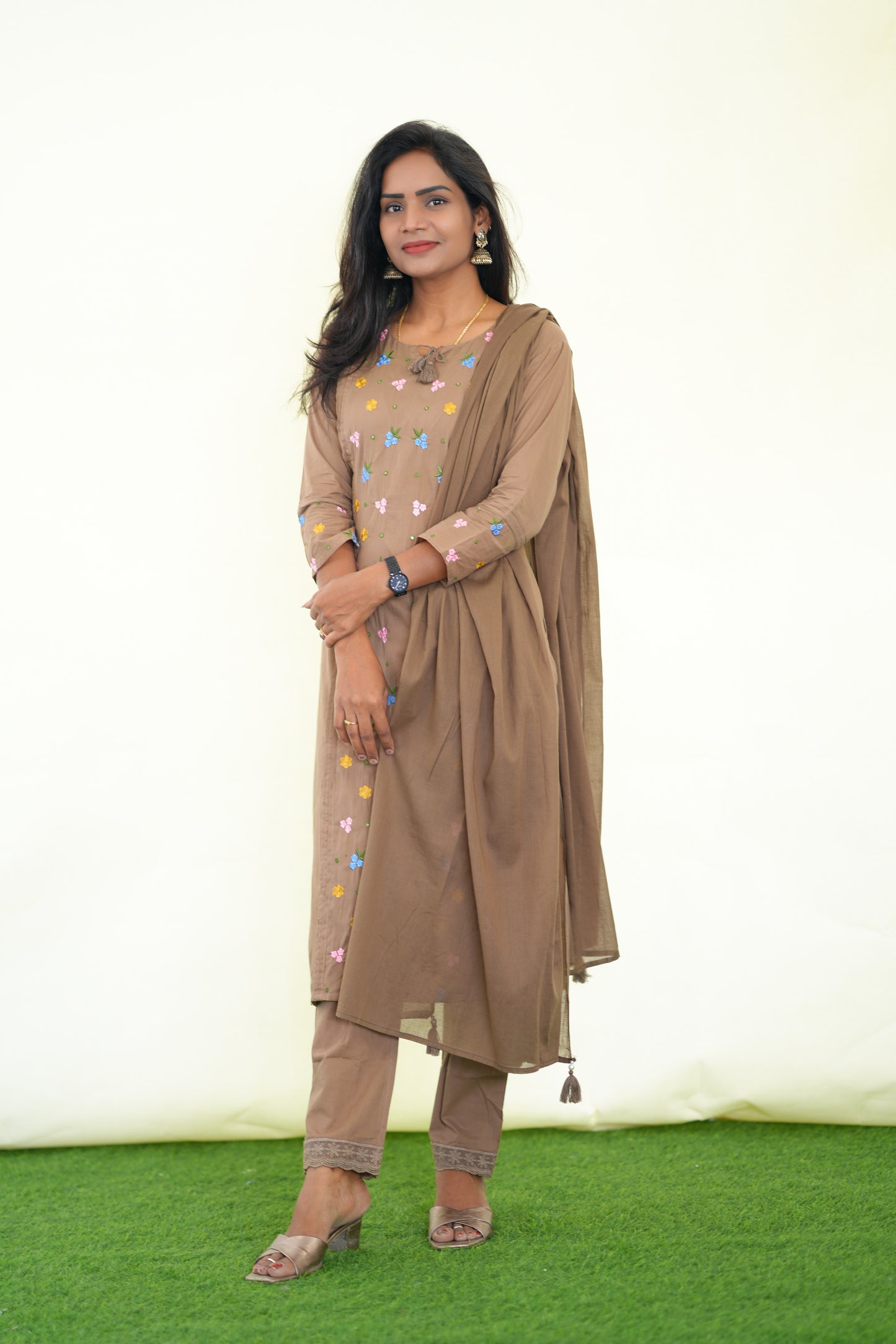 Light Brown Color Jaipur Cotton 3 Piece Set with Heavy Embroidery work