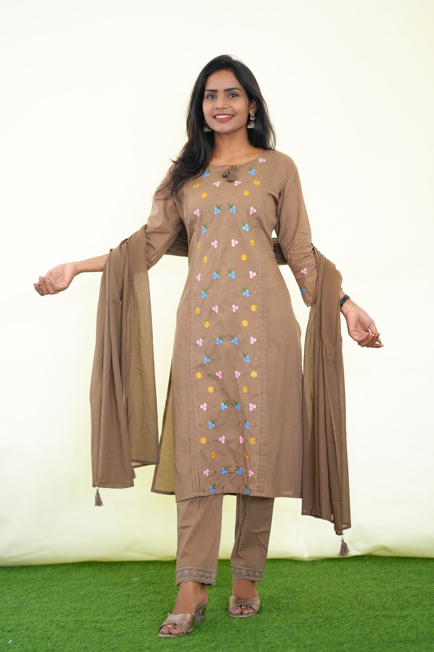 Light Brown Color Jaipur Cotton 3 Piece Set with Heavy Embroidery work