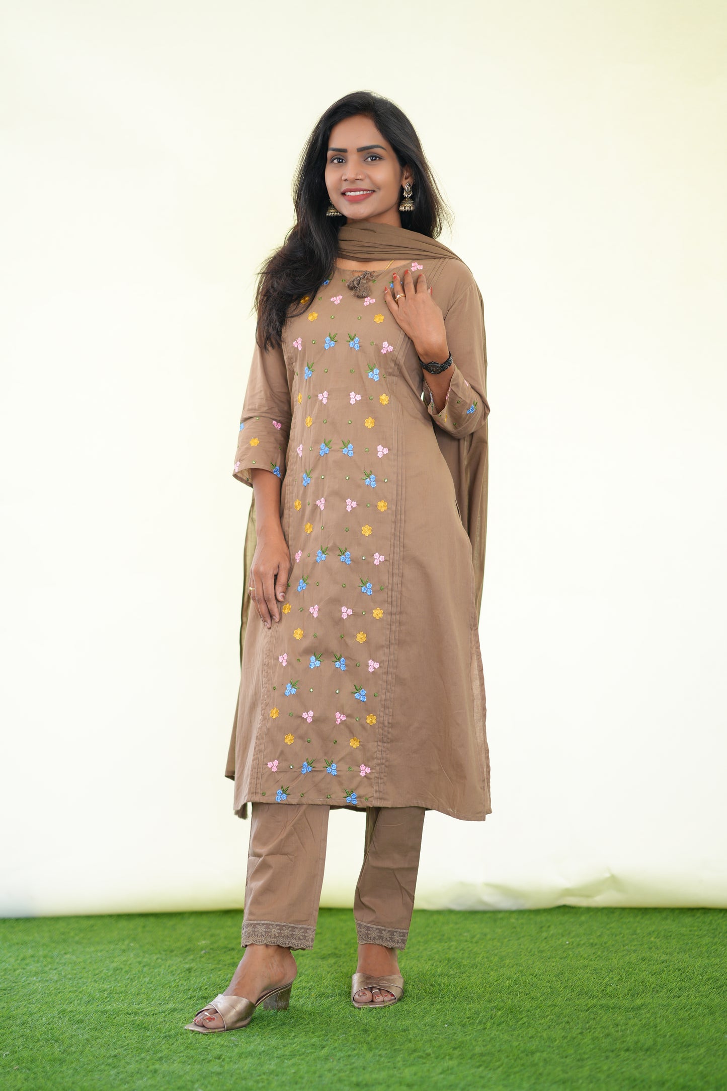 Light Brown Color Jaipur Cotton 3 Piece Set with Heavy Embroidery work